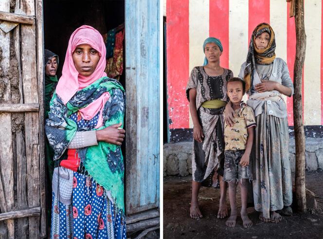 Two residents of Teraf, Ethiopia, whose husbands were killed during the occupation of the town by the Tigrayan rebels, in November and December 2021. On the left, Aisha Ali at her home. On the right, Zeiba Getaneh with two of her children, in front of their house; she also lost a 14 year old son.