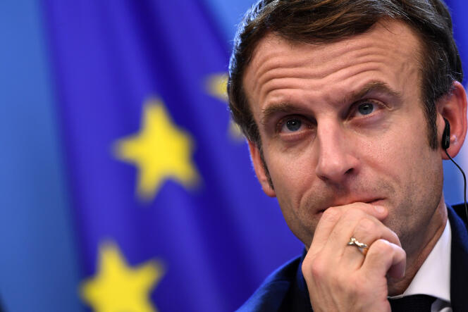 French President Emmanuel Macron at a press conference after an EU summit in Brussels on December 17, 2021.