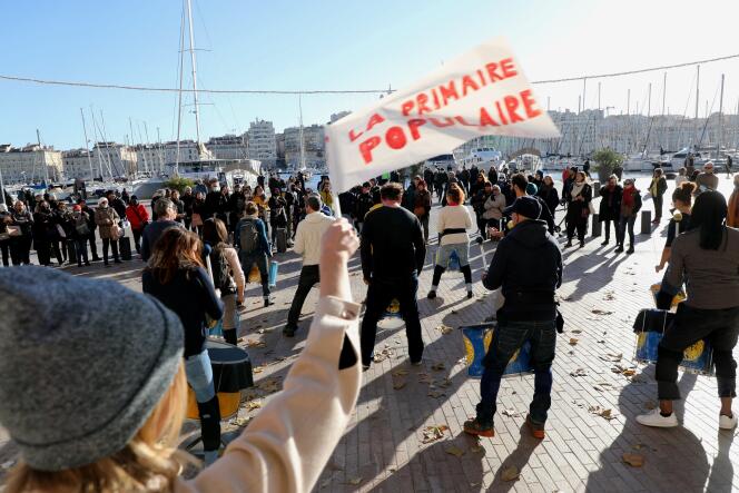 Des promoteurs de la Primaire populaire pour la désignation d’un candidat unique de gauche à la présidentielle 2022, à Marseille, le 11 décembre 2021.