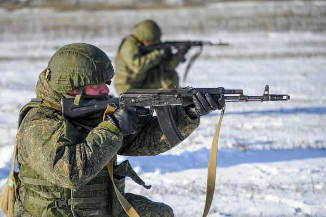 Russian soldiers participate in exercises at the Kadamovskiy rifle range in the Rostov region of southern Russia on Wednesday, December 22, 2021.