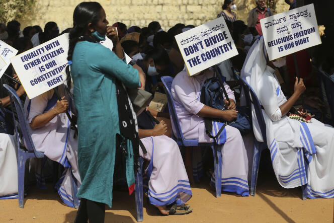 Indian nuns demonstrate against anti-conversion laws in Karnataka state on December 22, 2021 in Bengaluru.