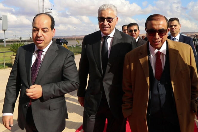 Candidates for the presidential election in Libya, Ahmed Maiteeq (left) and Fathi Bashagha (center), arrive in Benghazi to meet Marshal Khalifa Haftar, the strongman of the east, also a candidate.