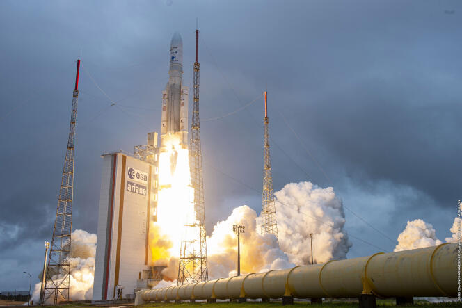 The Ariane-5 rocket carrying NASA's James-Webb space telescope takes off on Saturday, December 25, 2021 from the Kourou space center in French Guiana.