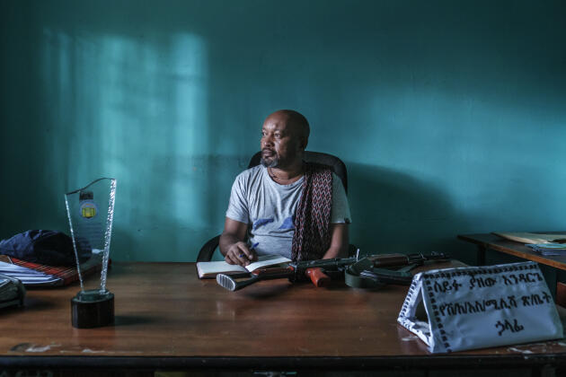Seifu Yazew, local leader of the Amhara militia, in his office in Shewa Robit, Ethiopia, December 9, 2021.