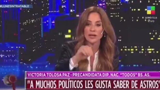 Argentine legislative candidate Victoria Tolosa Paz defends astrology on the set of the television channel America Vivo, September 7, 2021.