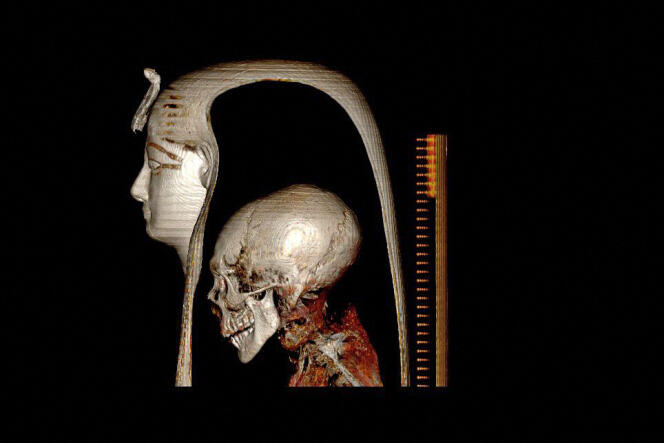 Esta foto muestra una reconstrucción en 3D de la cabeza de Amenhotep I, creada con escáneres de tomografía asistida por computadora (TC).  Fue publicado por el Ministerio de Antigüedades de Egipto el 28 de diciembre de 2021.