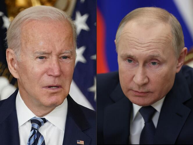 Le président américain, Joe Biden, à Washington, le 18 novembre 2021, et le président russe, Vladimir Poutine, à Moscou, le 4 décembre 2021.