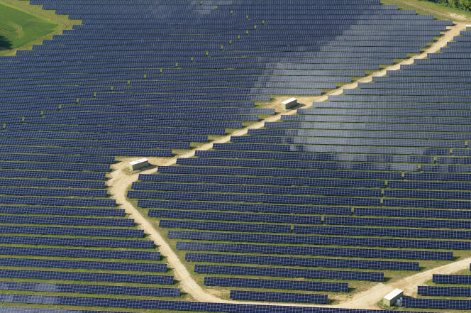 Aerial view of a field of solar panels in Massangis, Burgundy, France.