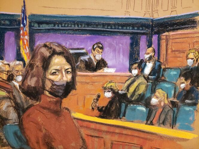 Sketch representing the New York court, during the trial of Ghislaine Maxwell (in the foreground), December 29, 2021.