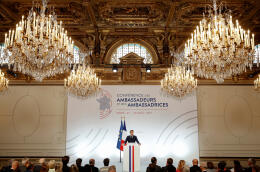 French President Emmanuel Macron delivers a speech during the annual French ambassadors conference at the Elysee Palace in Paris on August 27, 2019. (Photo by Yoan VALAT / POOL / AFP)
