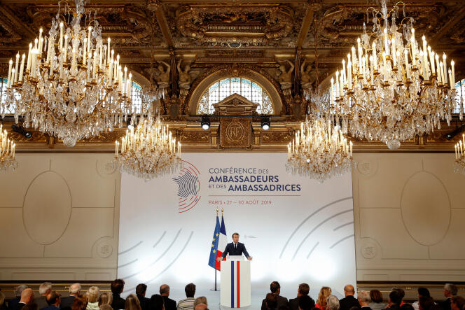 Emmanuel Macron lors de la conférence annuelle des ambassadeurs de France à l’Elysée, à Paris, en août 2019.