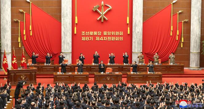 This undated photo released on Jan.1, 2022 by North Korea's KCNA news agency shows President Kim Jong-un at a Labor Party of Korea plenary meeting in Pyongyang.