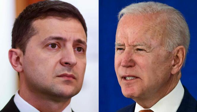A gauche, le président ukrainien, Volodymyr Zelensky, à Riga (Lettonie) en octobre 2019 ; à droite, le président américain Joe Biden, à Rehoboth Beach (Etat du Delaware, Etats-Unis), en juin 2021.