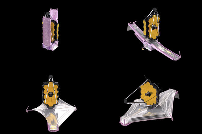 Animation par ordinateur réalisée par la NASA pour décrire le déploiement des éléments composant le téléscope, qui ont dû être repliés pour entrer dans la fusée Ariane.