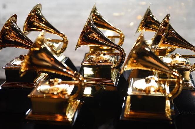 In this file photo taken Jan. 28, 2018, the Grammys trophies are displayed in the press area during the 60th annual Grammy Awards in New York.