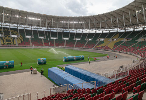 (FILES) In this file photo taken on August 08, 2021 A general view of the Olembe stadium in Yaounde, Cameroon, on August 8, 2021. - The African Cup of Nations (CAN) will open in Cameroon on January 9, 2022 in a tense security context, with threats from armed Anglophone separatists on one side and the risk of attacks from Boko Haram and the Islamic State group (EI) on the other. (Photo by Daniel Beloumou Olomo / AFP)