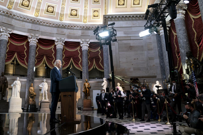 US President Joe Biden speaks from the Statues Hall on the Capitol Hill in Washington on January 6.