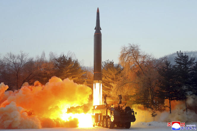 This photo, provided by the North Korean government, shows the launch of a so-called hypersonic missile on January 5, 2022.