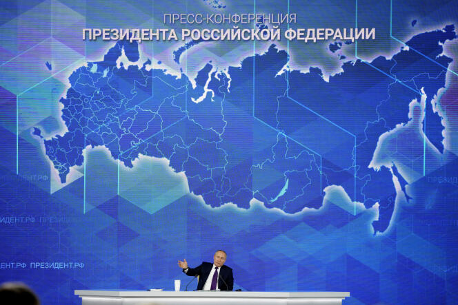 Vladimir Putin at a press conference in Moscow on December 23, 2021.