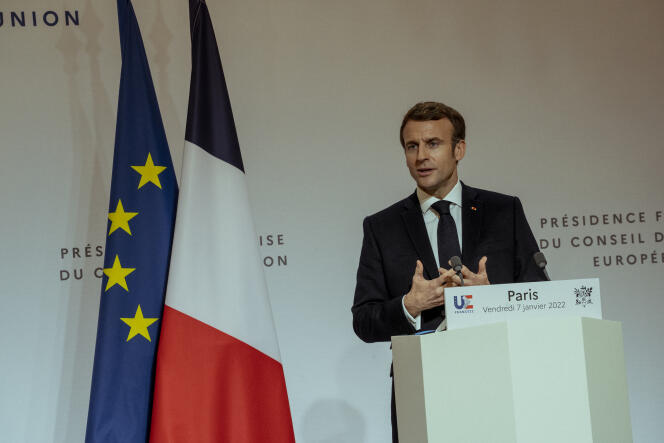 Conférence de presse d’Emmanuel Macron sur la présidence française du Conseil de l’Union européenne, à Paris, le 7 janvier 2022.
