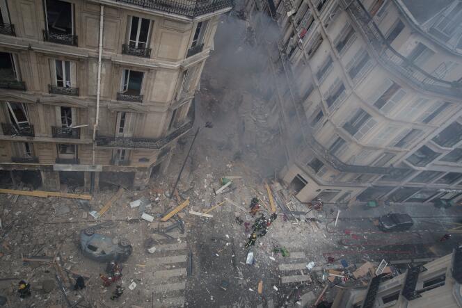 Vue aérienne de la rue de Trévise après l’explosion de gaz, à Paris, le 12 janvier 2019.