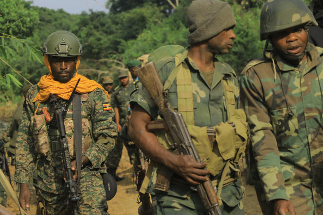 Congolese and Ugandan soldiers patrol eastern Democratic Republic of Congo on December 10, 2021.