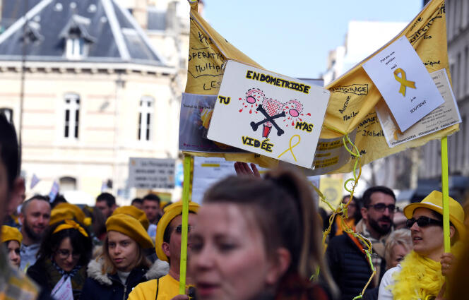 Des manifestants lors de la Journée mondiale de lutte contre l’endométriose, organisée par les associations françaises ENDOmind et MEMS (Mon Endométriose Ma Souffrance), le 24 mars 2018, à Paris.