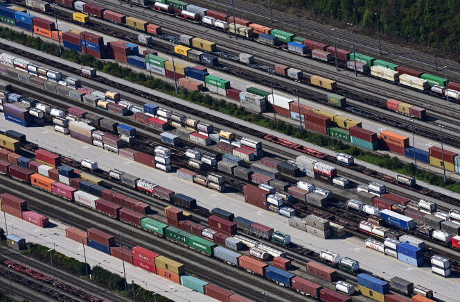 Aerial view of a rail freight zone in Munich (southern Germany), September 5, 2021.