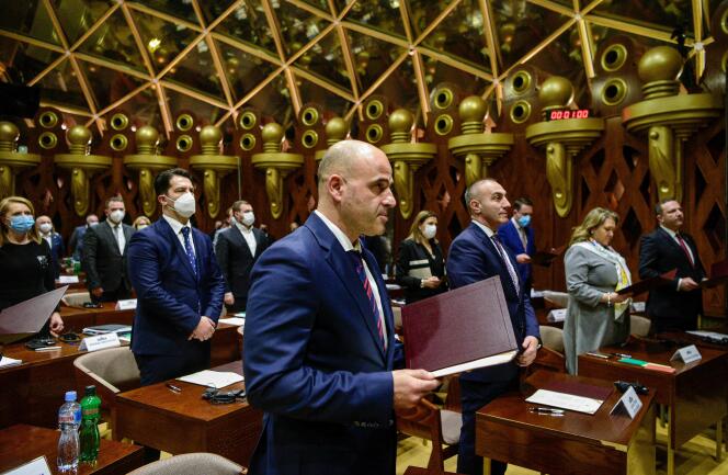 North Macedonia's new Prime Minister Dimitar Kovacevski is sworn in to parliament in Skopje on January 16, 2022.