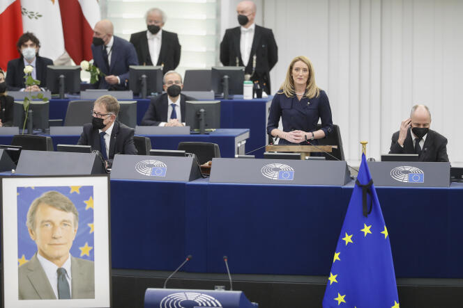 Roberta Metsola lors d’un discours d’hommage à l’ancien président David Sassoli au Parlement européen, le 17 janvier.