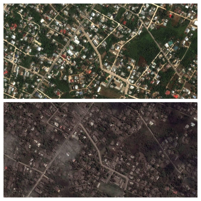 Las imágenes satelitales muestran casas y edificios antes de la erupción principal del volcán Hunga Tonga-Hunga Ha'apai en Nuku'alofa, Tonga, el 29 de diciembre de 2021. Después de la erupción, la imagen muestra la misma área cubierta de ceniza el 18 de enero.  2022.