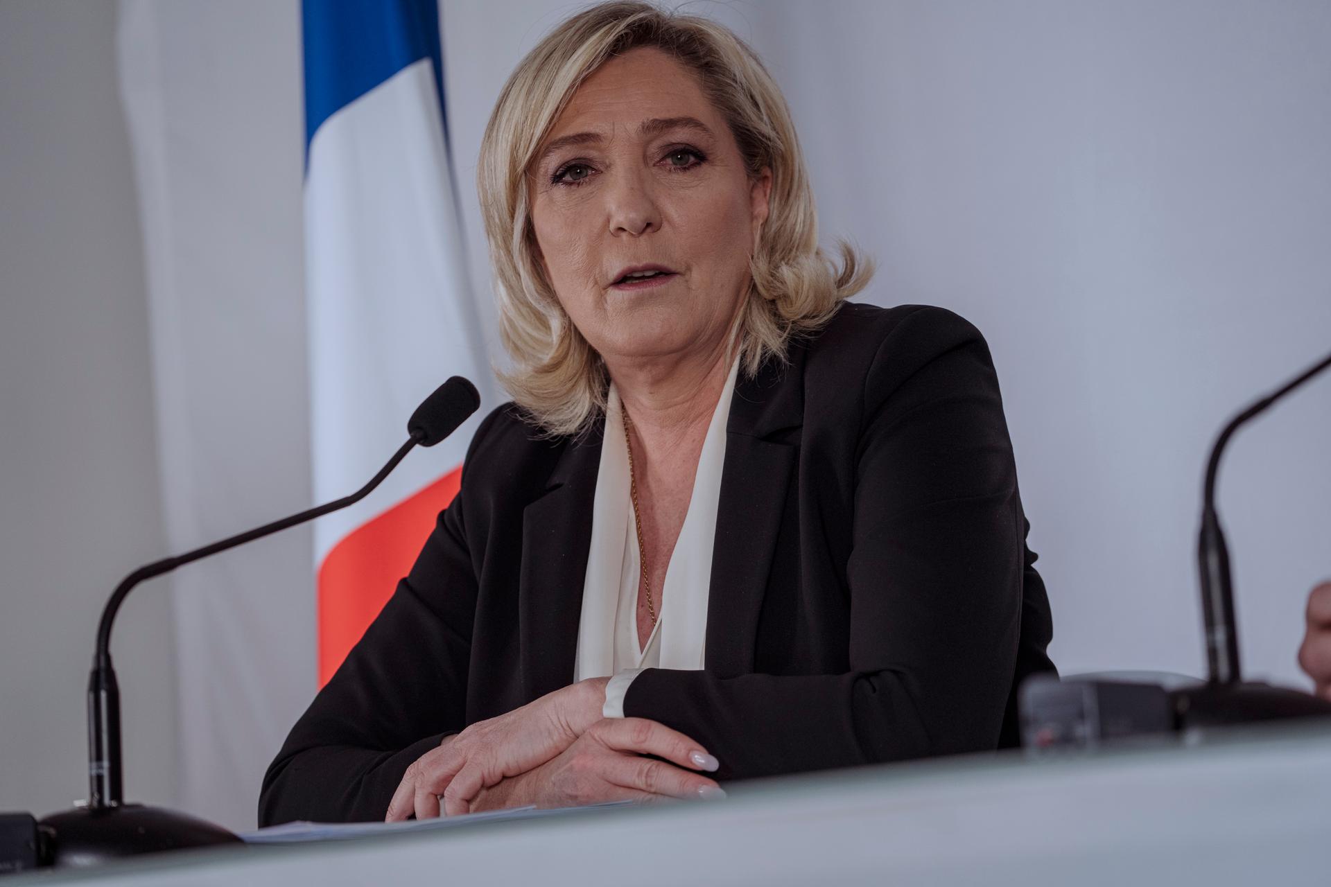Marine Le Pen, candidate du Rassemblement national (RN) à l’élection présidentielle, lors de sa conférence de presse sur les questions européennes, dans le 8e arrondissement de Paris, 18 janvier 2022.