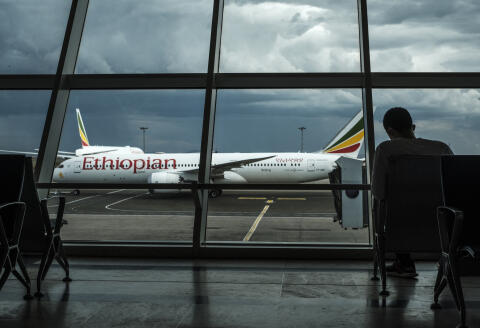 An Ethiopian Airlines aeroplane is photographed at the Bole International Airport, in Addis Ababa, on March 17, 2020. (Photo by EDUARDO SOTERAS / AFP)