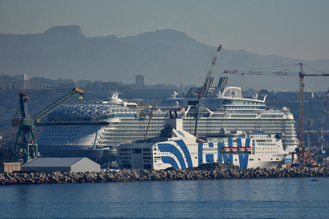 The “Wonder of the Seas” cruise liner docked in the port of Marseille during a fine particle alert on January 15, 2022.