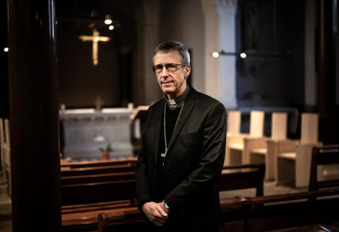 Lyon's Archbishop Monseigneur Olivier De Germay poses for a photograph at Lyon Archdiocese chapel on March 5, 2021. (Photo by JEFF PACHOUD / AFP)
