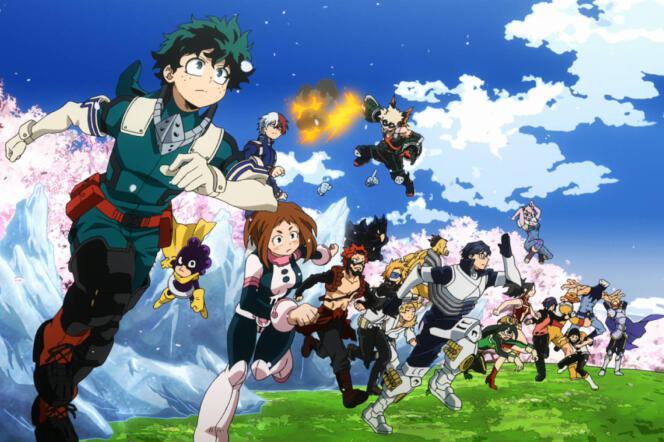 Deku (au premier plan) et les super-héros de « My Hero Academia », dans la saison 4 de la série animée.