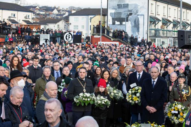 Irish Prime Minister Micheal Martin and his Foreign Minister Simon Coveney - pictured 2nd and 3rd right in the foreground, took part in the ceremony.