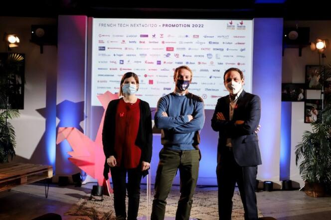 From left to right: Clara Chappaz, president of the French Tech mission, Thibaud Hug de Larauze, director of Back Market, and Cédric O, secretary of state for digital, on February 1, 2022, at the premises of Back Market.