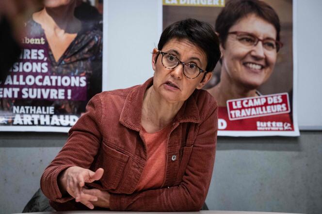 French far-left Lutte ouvriere (LO) party's leader and candidate for the 2022 French presidential election Nathalie Arthaud in Saint-Etienne on January 26, 2022.
