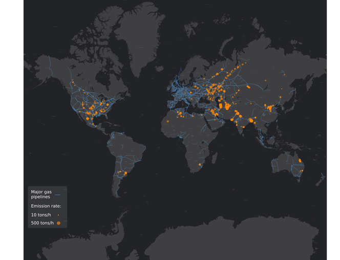Carte des principales sources d’émissions de méthane liées aux activités de l’industrie pétrolière et gazière.
