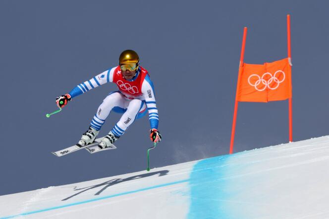 Johan Clarey during the men's downhill skiing final at the 2022 Olympics at the National Alpine Skiing Center in Yanqing on February 7, 2022.