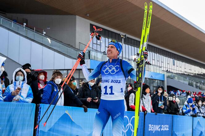 Le Français Quentin Fillon Maillet à l’arrivée de l’épreuve de l’individuel aux Jeux olympiques de Pékin, à Zhangjiakou (Chine), le 8 février.