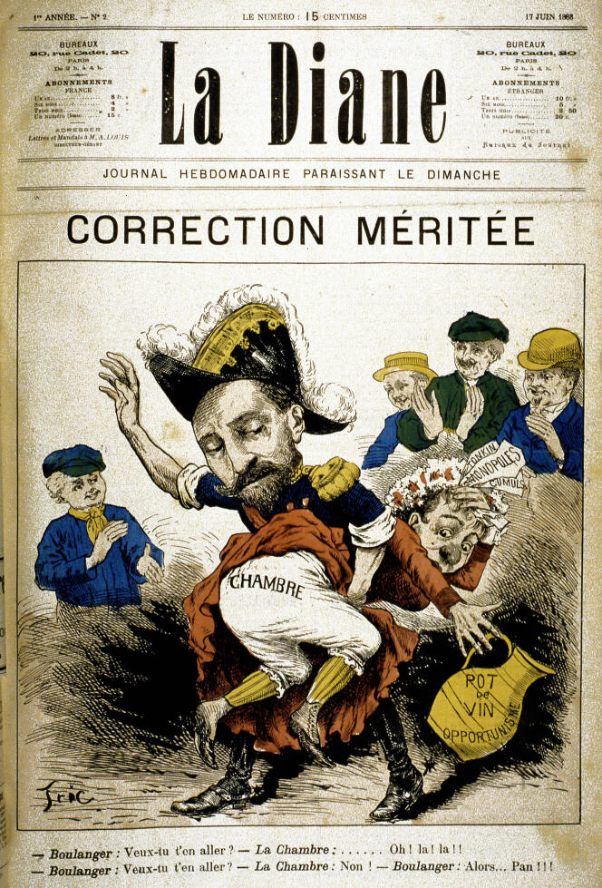 Le général Boulanger donne la fessée à la Chambre des députés, accusée de corruption, en « une » de la revue « La Diane », le 17 juin 1888.
