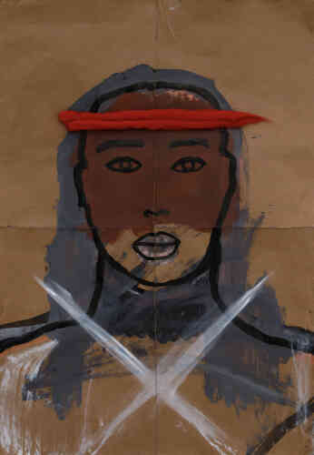« Guerrier numéro 1 », d’Atsoupé (2021, gouache sur papier, laine et coutures, 99,5 cm x 69,5 cm).