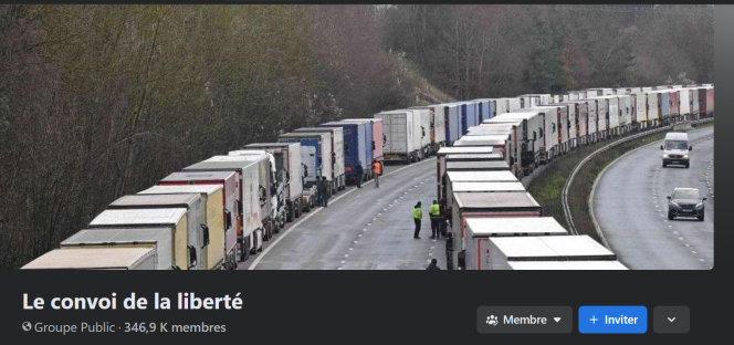 Catpure d’écran du principal groupe Facebook du « convoi de la liberté », illustré par une image de 2020 des perturbations de transport liées au Brexit.