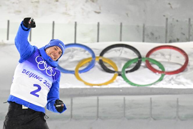 Quentin Fillon Maillet après sa victoire sur la poursuite des Jeux olympiques de Pékin, le 13 février 2022.