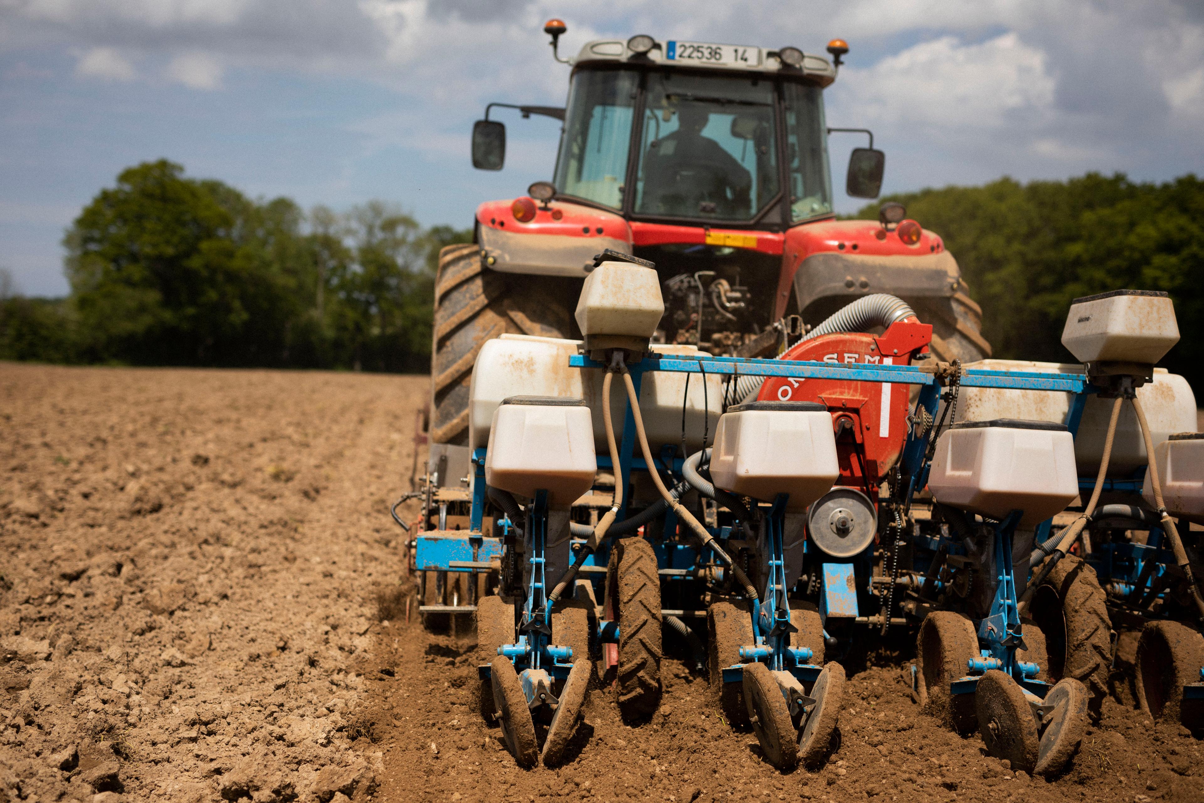 Une fois les compartiments du semoir remplis, Jean-Baptiste Lefoulon effectue son semis de maïs, à Lingèvres (Calvados), en mai 2021.