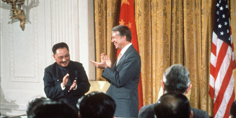 From left: Chinese modernizer Deng Xiaoping and US President Jimmy Carter, smile 31 January 1979 in White House in Washington D.C., during China's Paramount leader visit to the USA. (Photo by CONSOLIDATED PICTURES / AFP)
