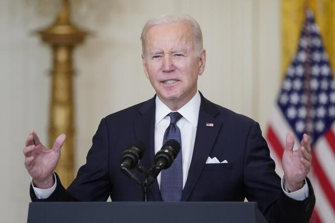 Joe Biden discusses the situation in Ukraine with reporters at the White House in Washington on February 15, 2022.