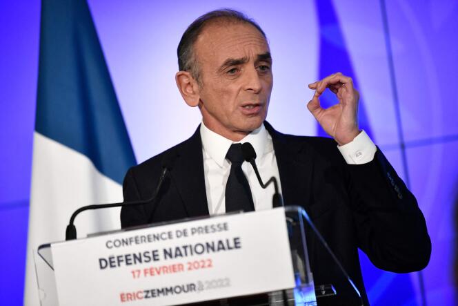 Le candidat d’extrême droite Eric Zemmour, lors de la présentation de son programme sur la défense nationale, à Paris, le 17 février 2022.